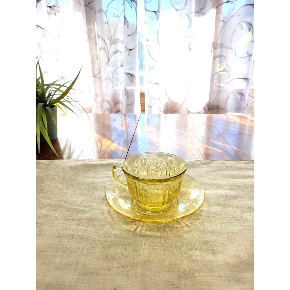 Federal Glass Sharon Amber Teacup Saucer Set Vintage 1930s Cabbage Rose Yellow